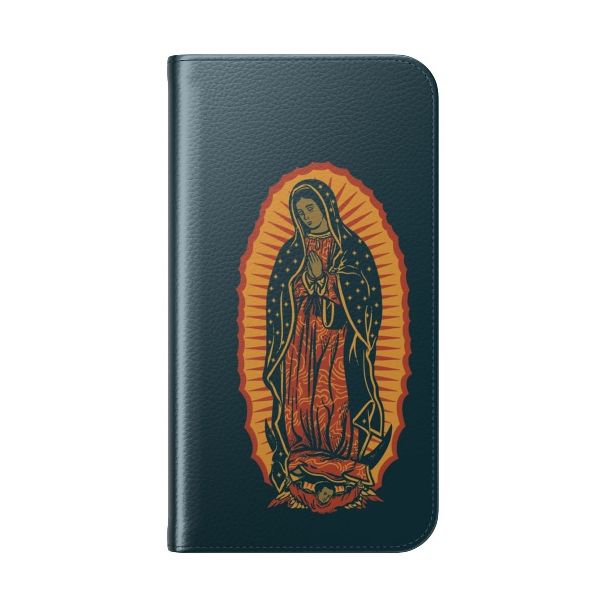 Artistic phone case design featuring the Virgin Mary of Guadalupe, a famous Catholic icon from Mexico. - Folded Back