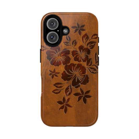 Tropical floral faux koa wood magnetic tough phone case