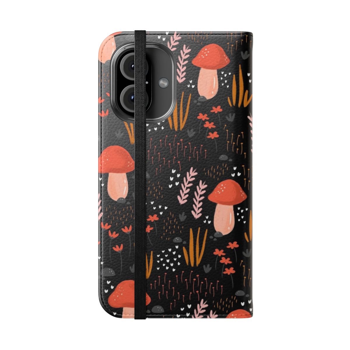 Whimsical fairy garden-themed phone case featuring colorful flowers, plants, and a magical night sky design. - Folded Front