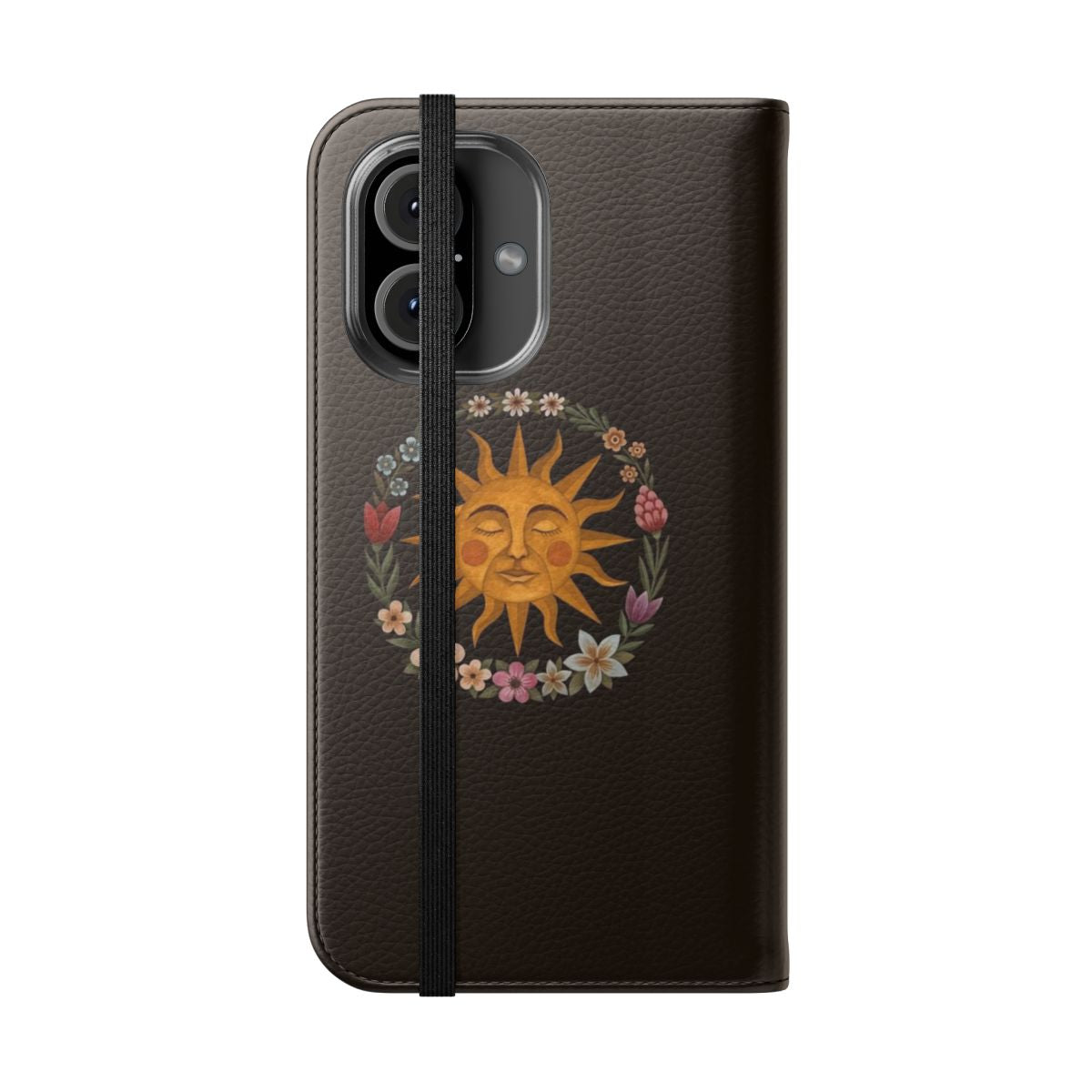 A vibrant floral phone case featuring a sun and nature-inspired design. - Folded Front