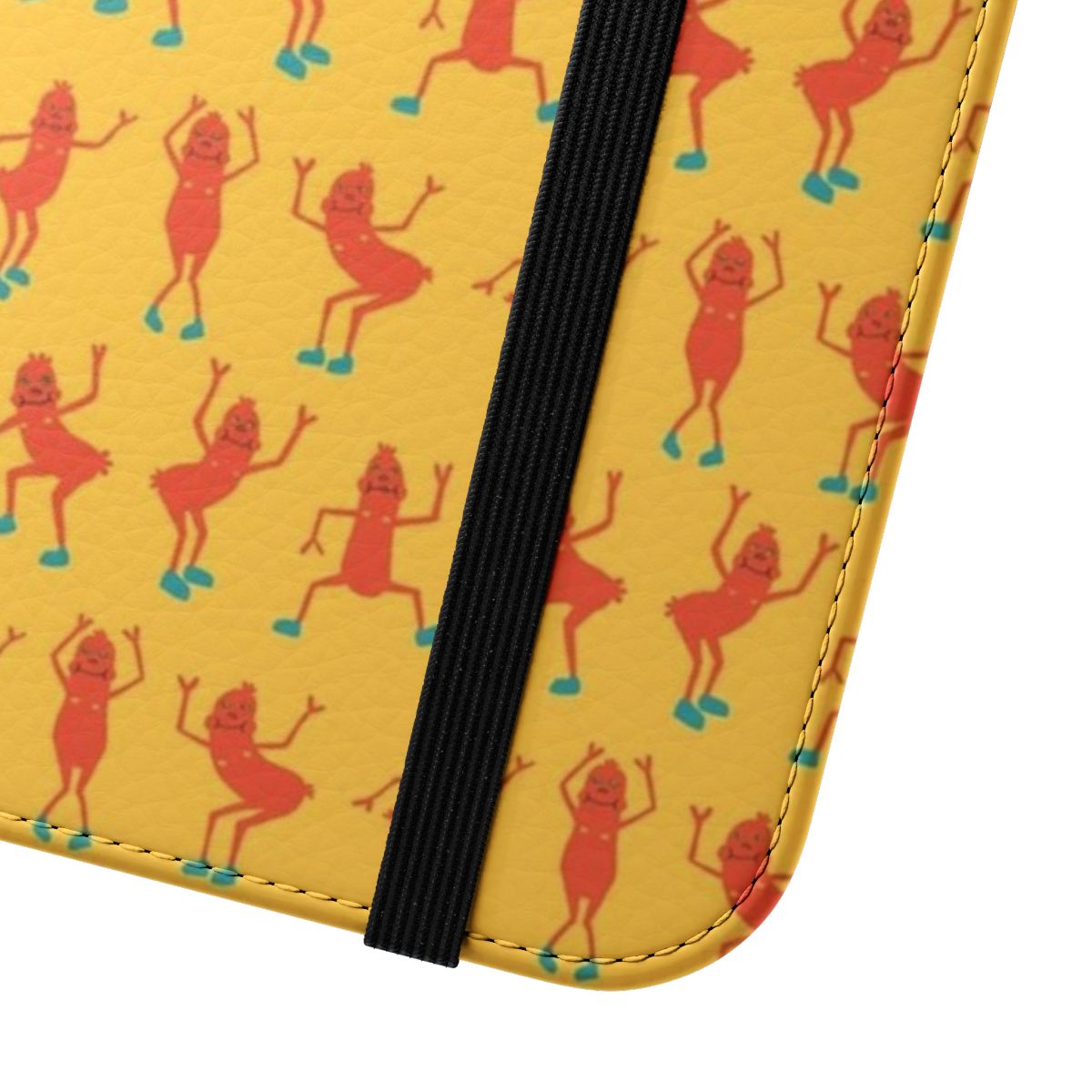 Vibrant illustration of a dancing sausage on a mobile phone cover - Close Up