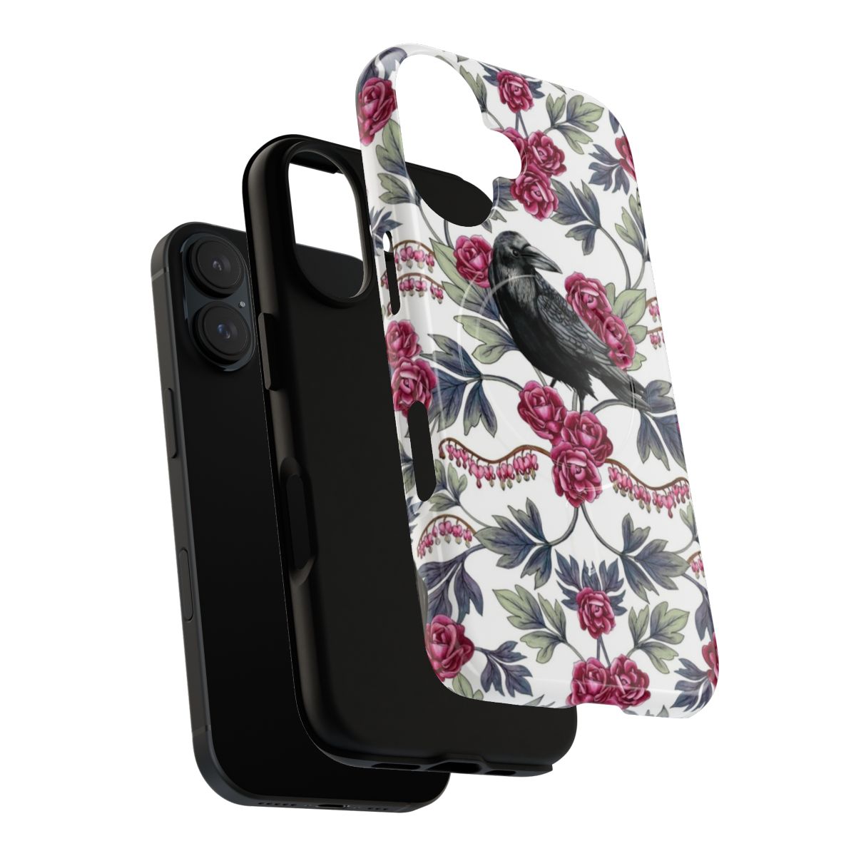 A phone case featuring a floral and botanical pattern with crows, bleeding hearts, and roses. - Layers