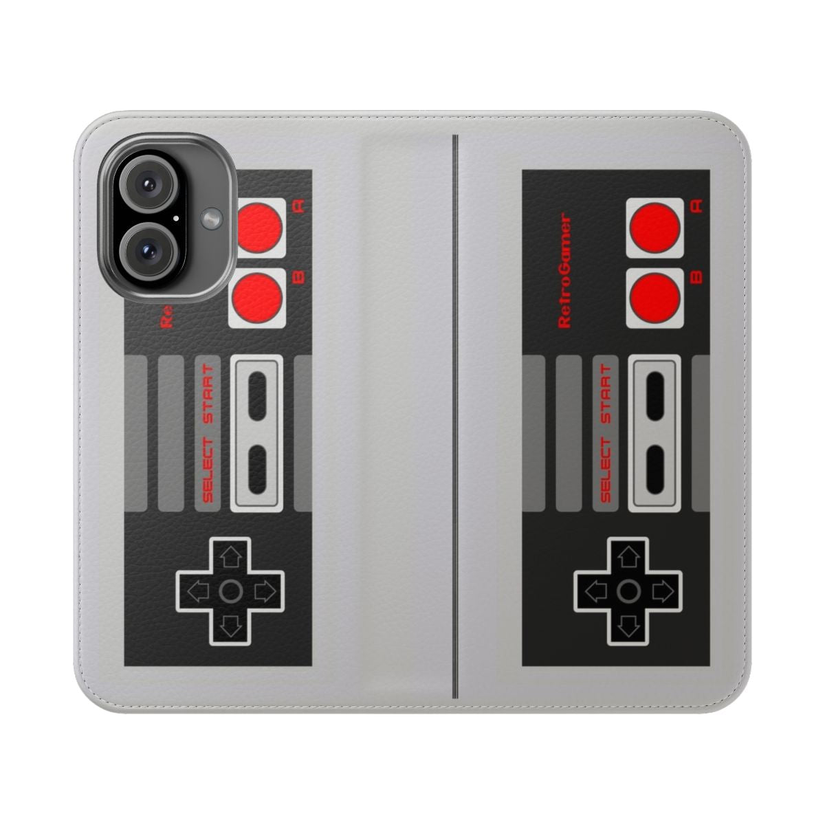 8-bit retro gaming-inspired phone case with a flip cover featuring a classic game controller design