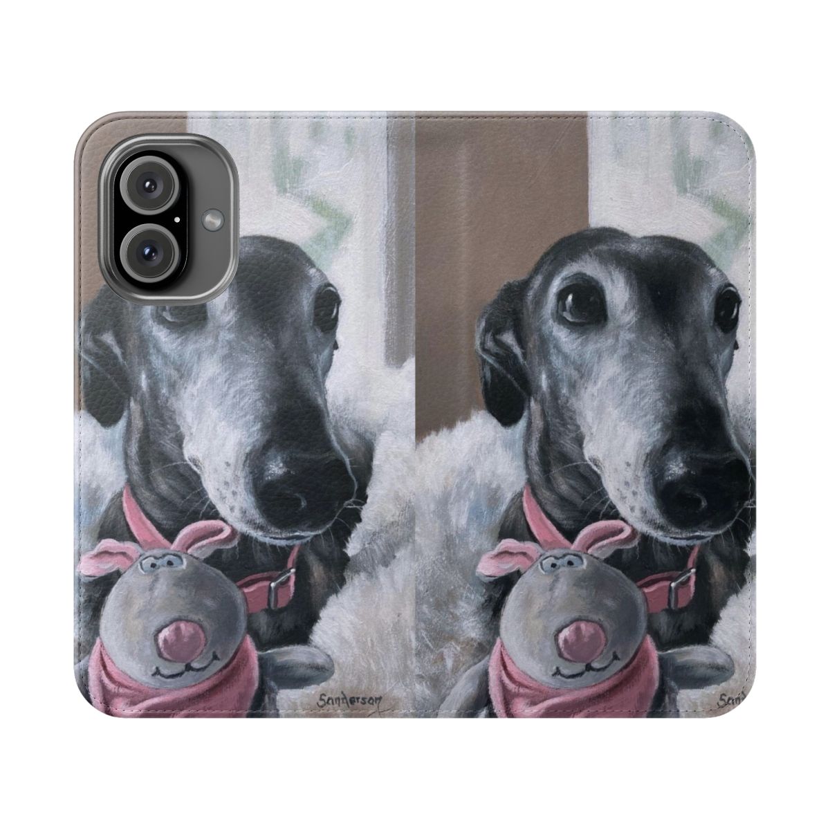 Photograph of a graceful greyhound on a flip cover phone case