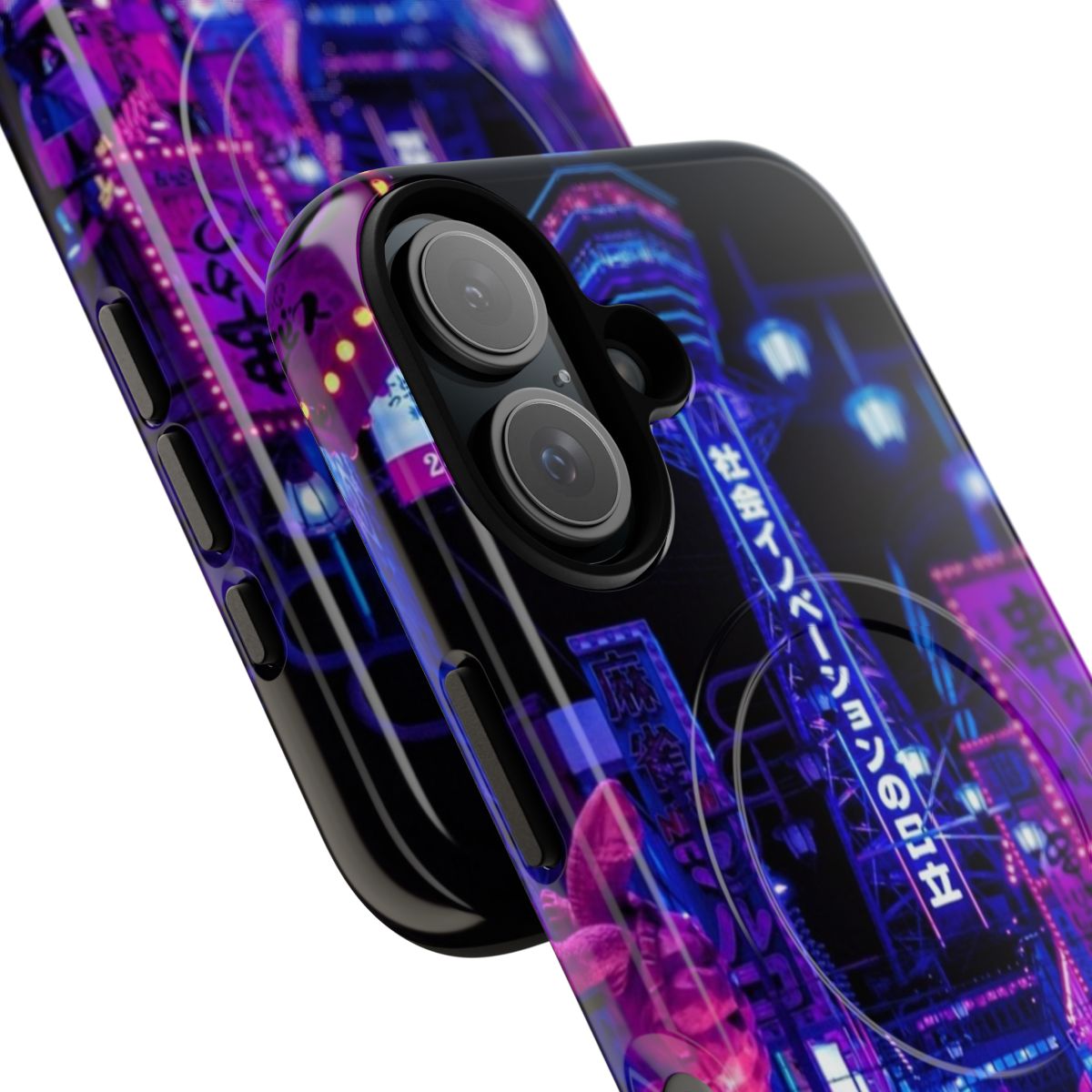 Vibrant phone case featuring anime-style depiction of Osaka city streets with neon lights and shops - Detail