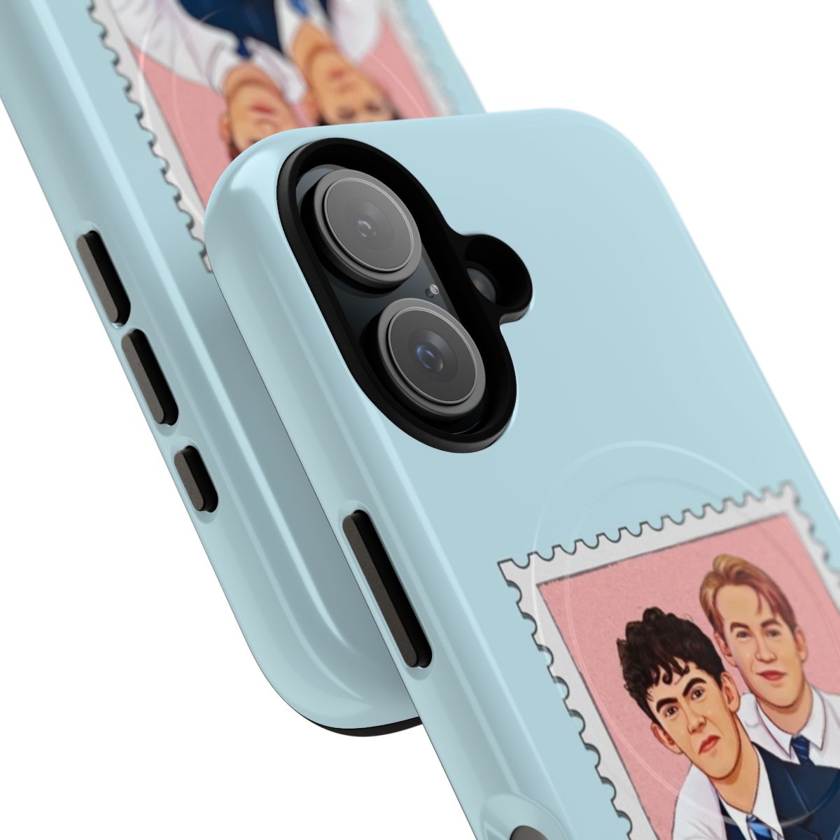 Heartstopper-inspired magnetic tough phone case with postage stamp design featuring the characters Nick Nelson and Charlie Spring - Detail