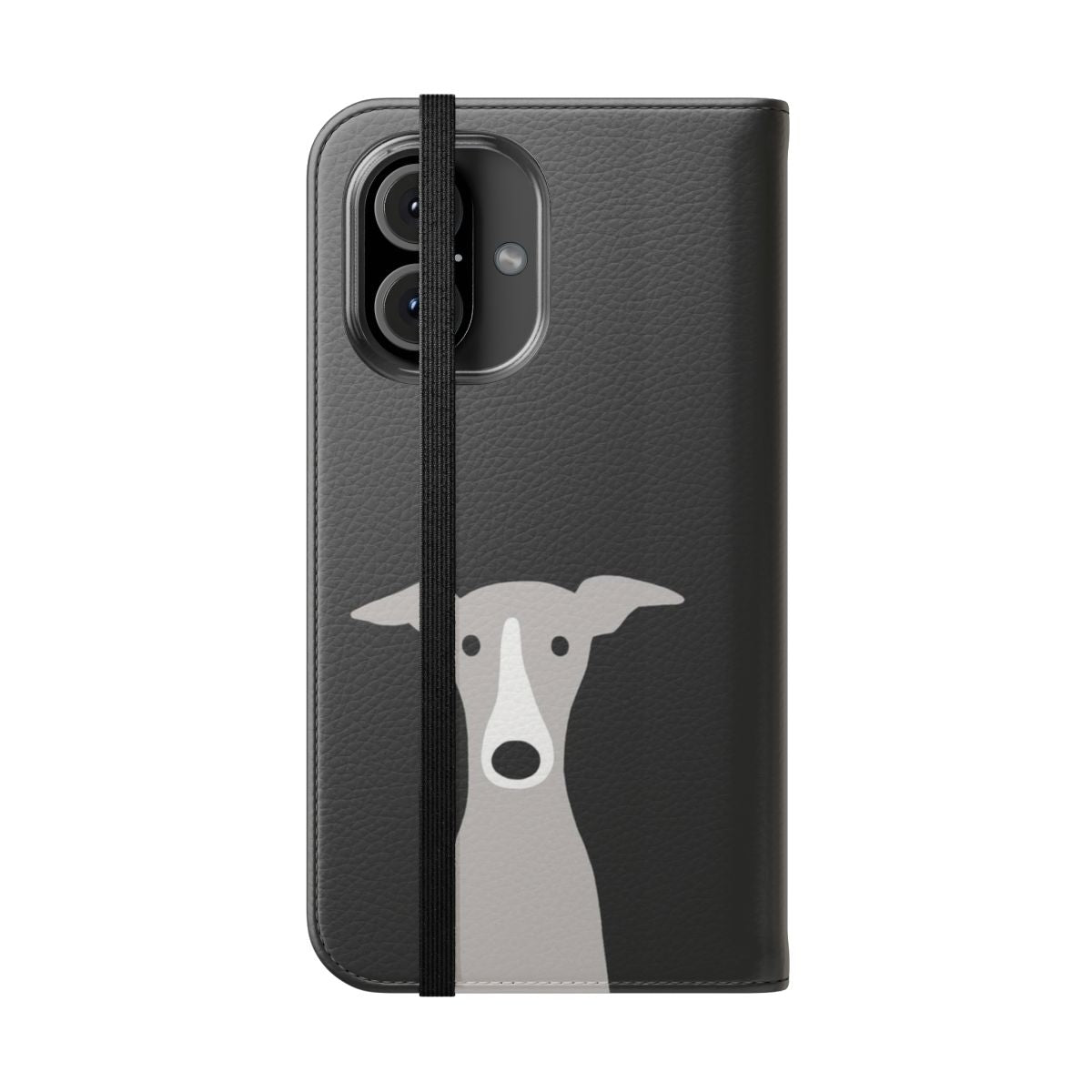 Colorful cartoon illustration of a greyhound, italian greyhound, and whippet on a flip phone case. - Folded Front