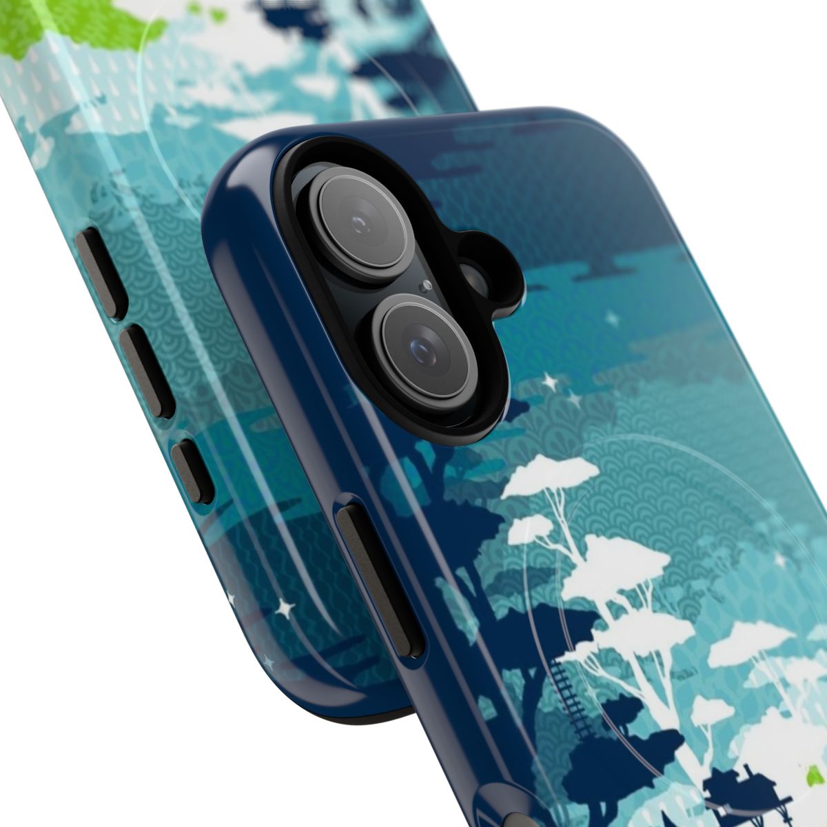 Colorful phone case featuring a vibrant rainforest city design with trees, treehouses, and nature elements. - Detail