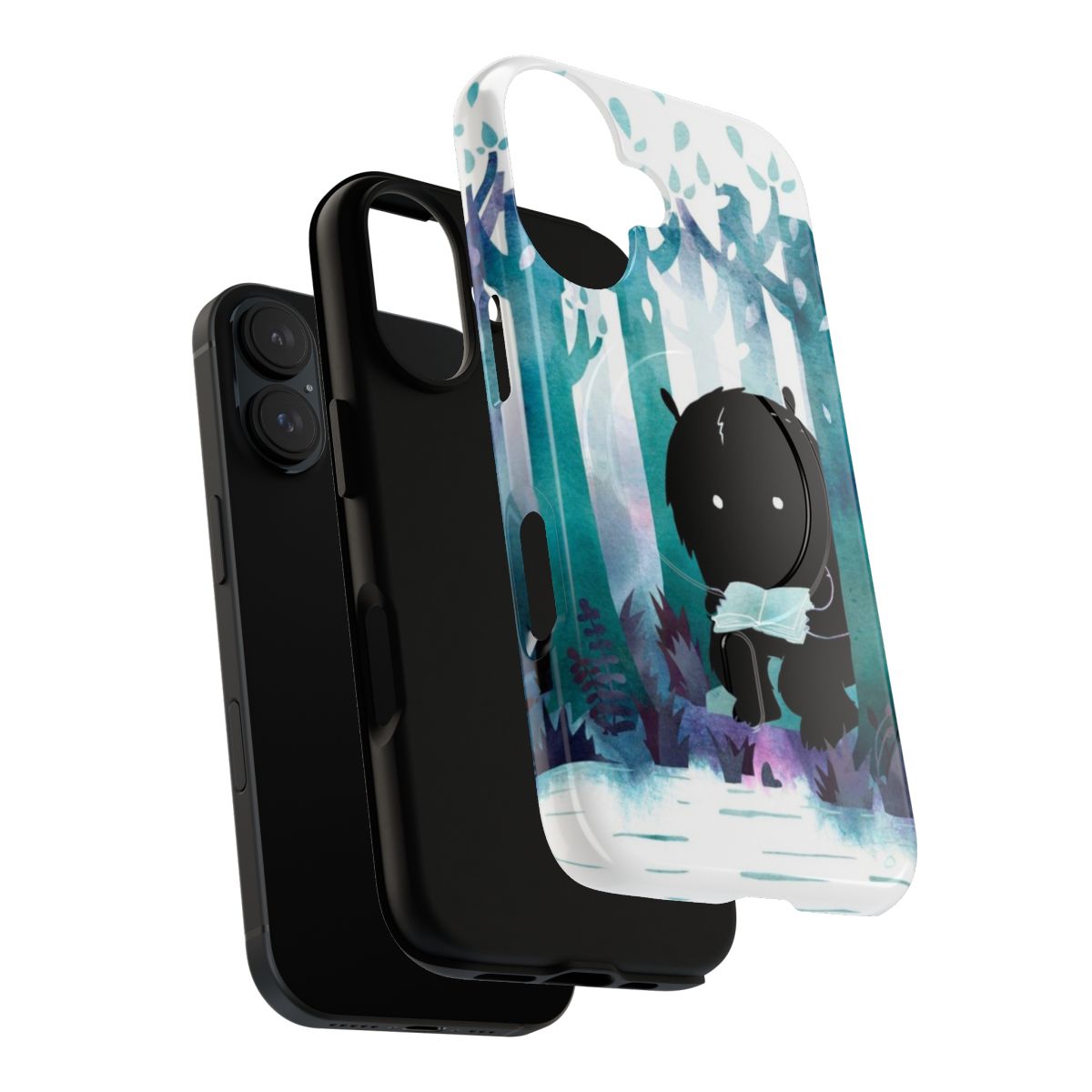 Watercolor nature-themed magnetic tough phone case with monster, book, and forest design - Layers