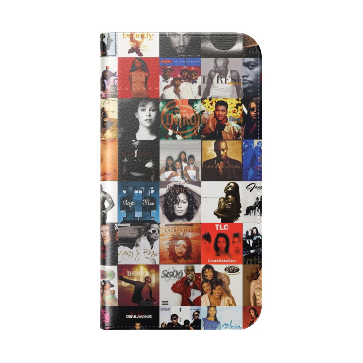 Retro-inspired flip cover phone case featuring a collage of 90s and 2000s R&B and hip hop artists. - Folded Back