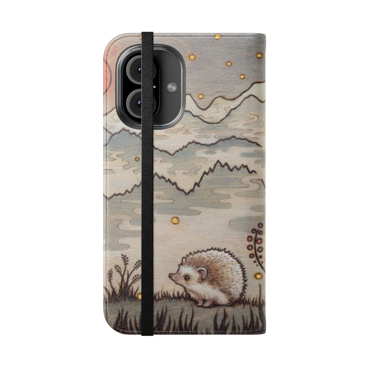 Hedgehog in the Fog-inspired phone case with intricate pyrography design - Folded Front