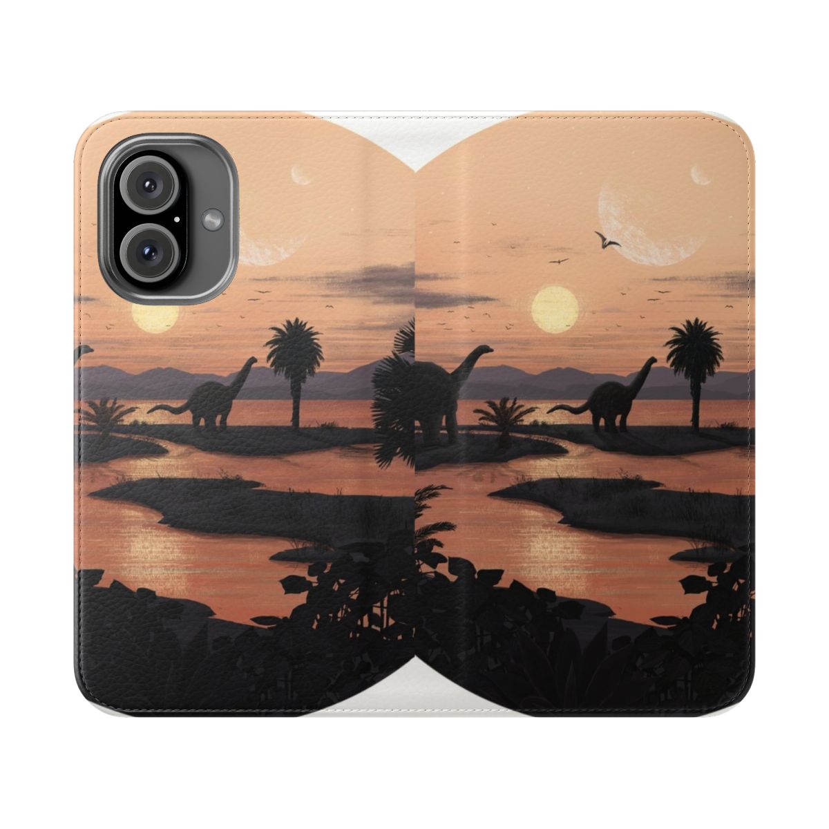 Colorful phone case featuring a Jurassic-inspired beach landscape with dinosaurs, sun, and ocean.