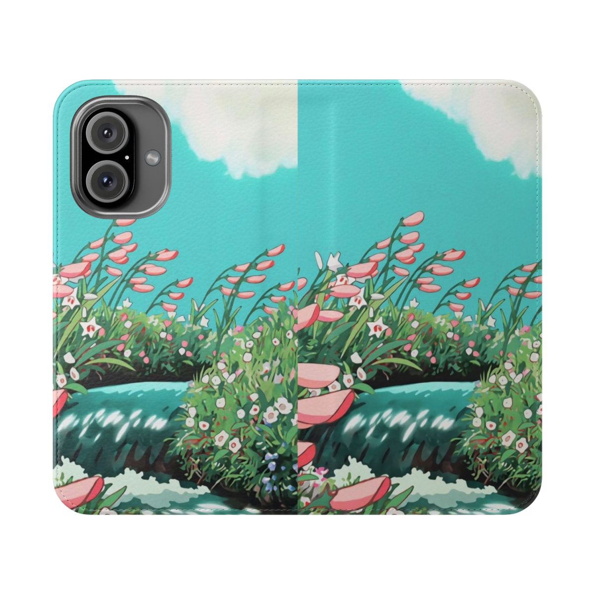 Anime-inspired phone case with a beautiful scenery of a river, flowers, and sky