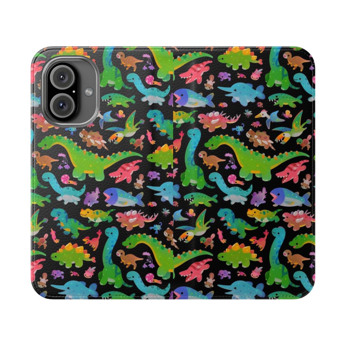 Jurassic dinosaur-themed phone case featuring various prehistoric life such as Allosaurus, Brachiosaurus, and Stegosaurus.