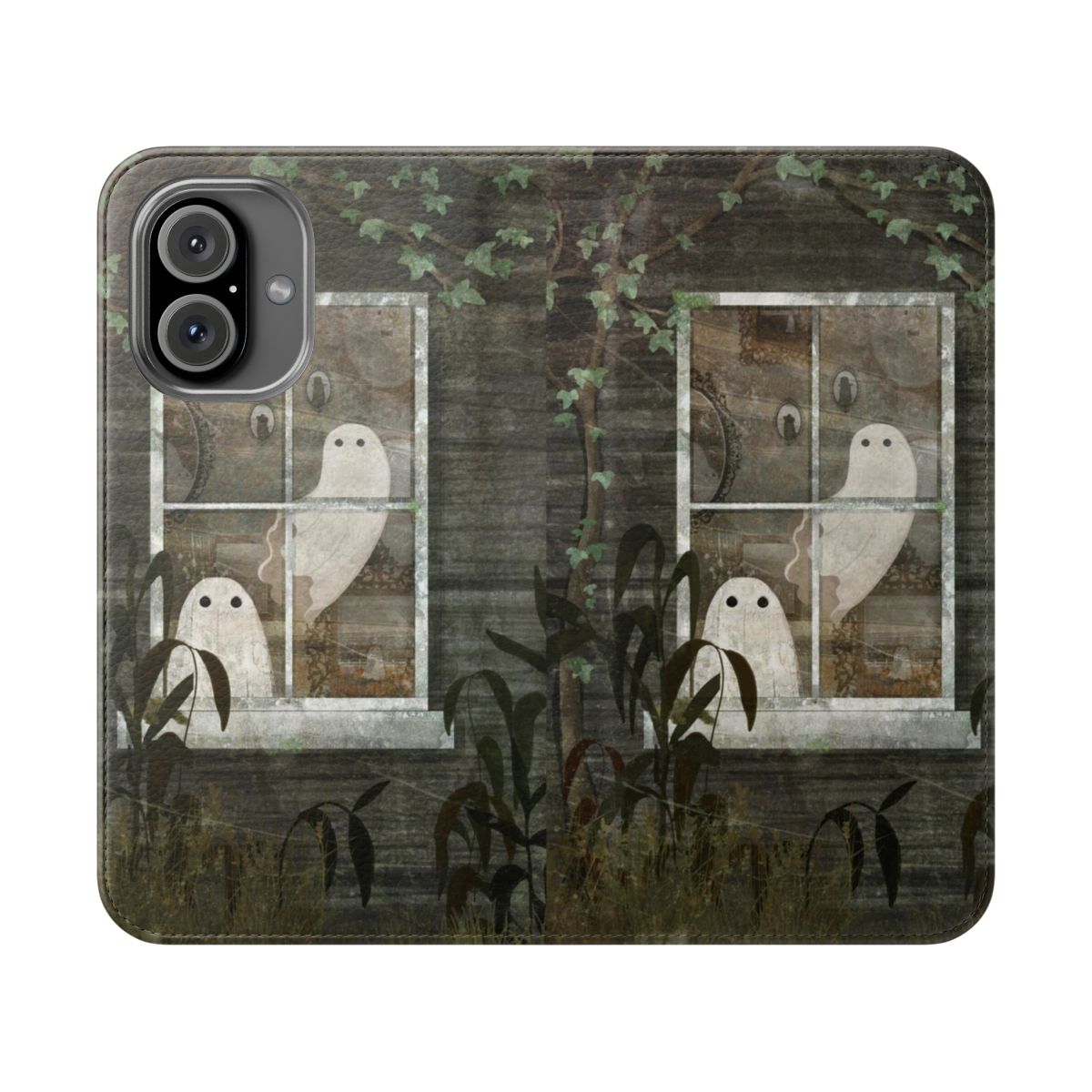 Flip phone case featuring a spooky haunted house with an overgrown window