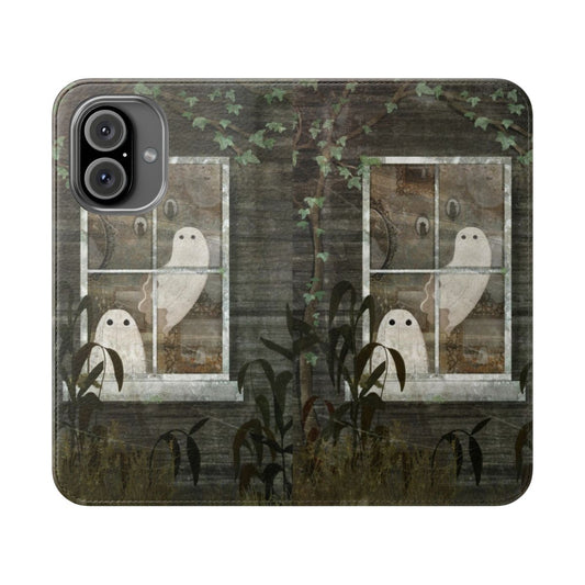 Flip phone case featuring a spooky haunted house with an overgrown window