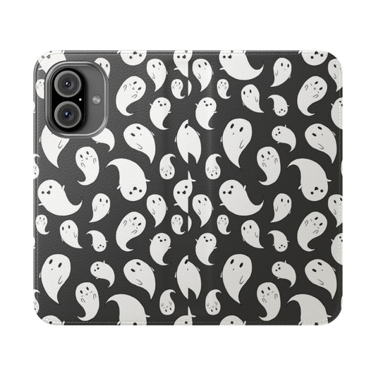 Paisley-patterned flip cover phone case with a spooky, ghostly theme