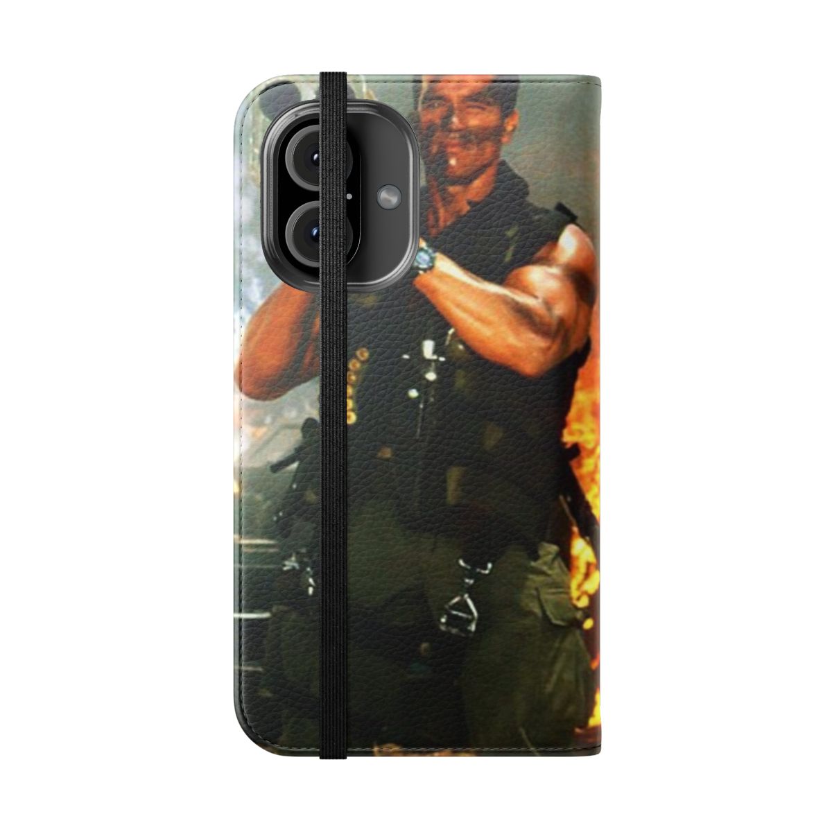 A phone case featuring a rocket launcher design inspired by Arnold Schwarzenegger's iconic role in Commando. - Folded Front