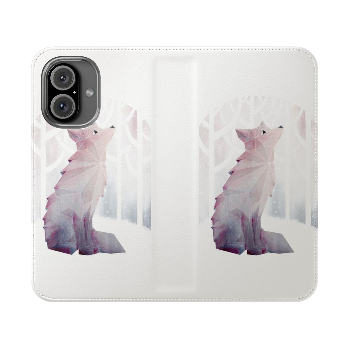 Geometric phone case with a watercolor painting of a fox in a snowy forest landscape