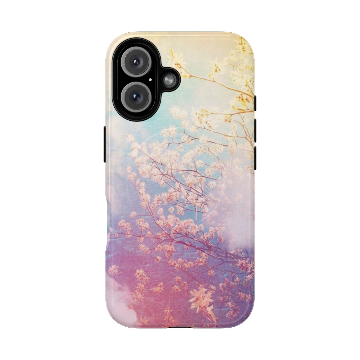 Pastel spring nature magnetic tough phone case featuring a scenic design with trees, clouds, and soft pastel colors.