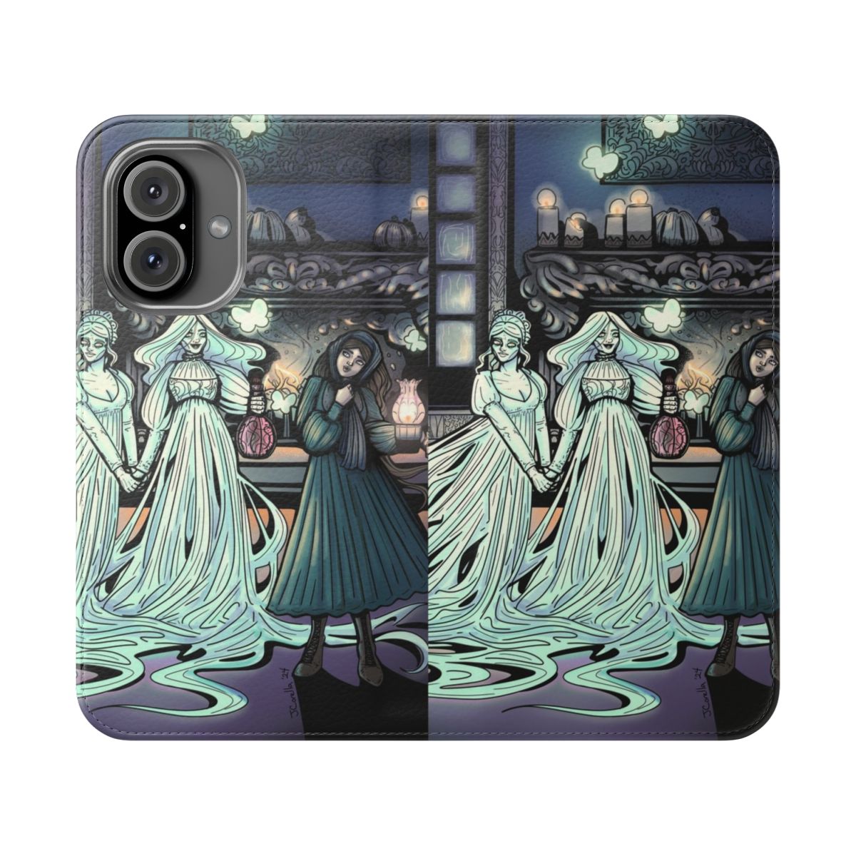 A flip phone case featuring a vintage gothic haunted house illustration with a ghostly atmosphere.