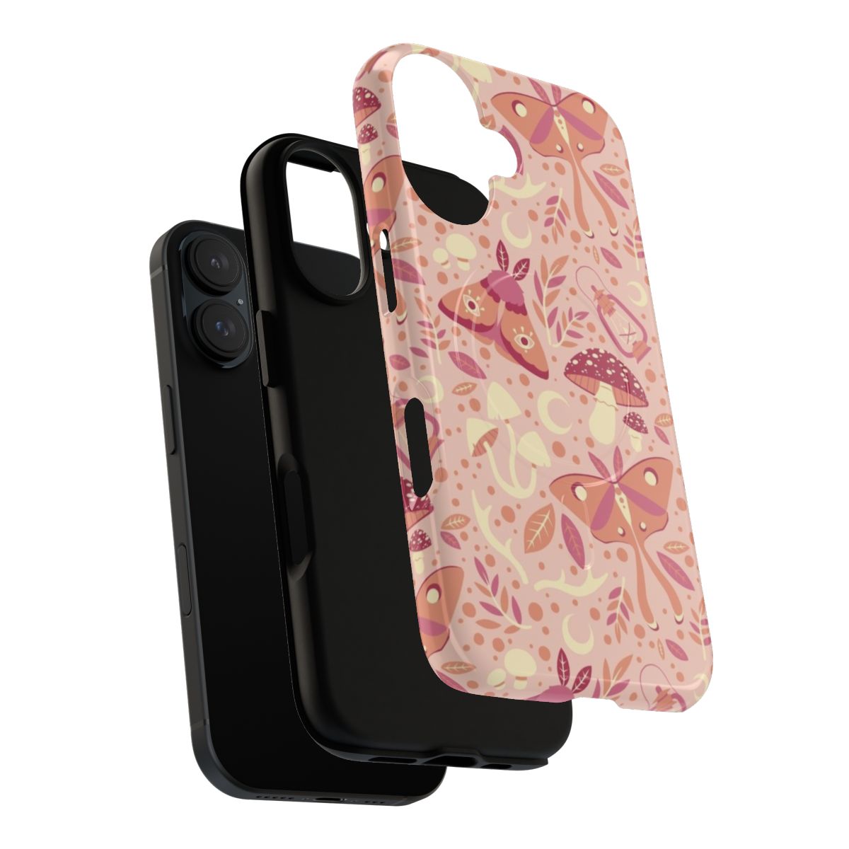 Pink phone case with a mystical, nature-inspired design featuring moths, mushrooms, and other forest elements. - Layers