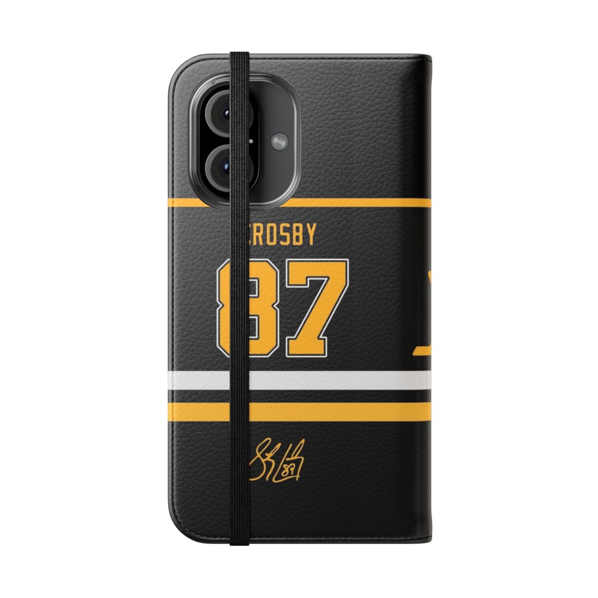 Pittsburgh Penguins-inspired flip phone case featuring hockey player Sidney Crosby's jersey number 87 - Folded Front