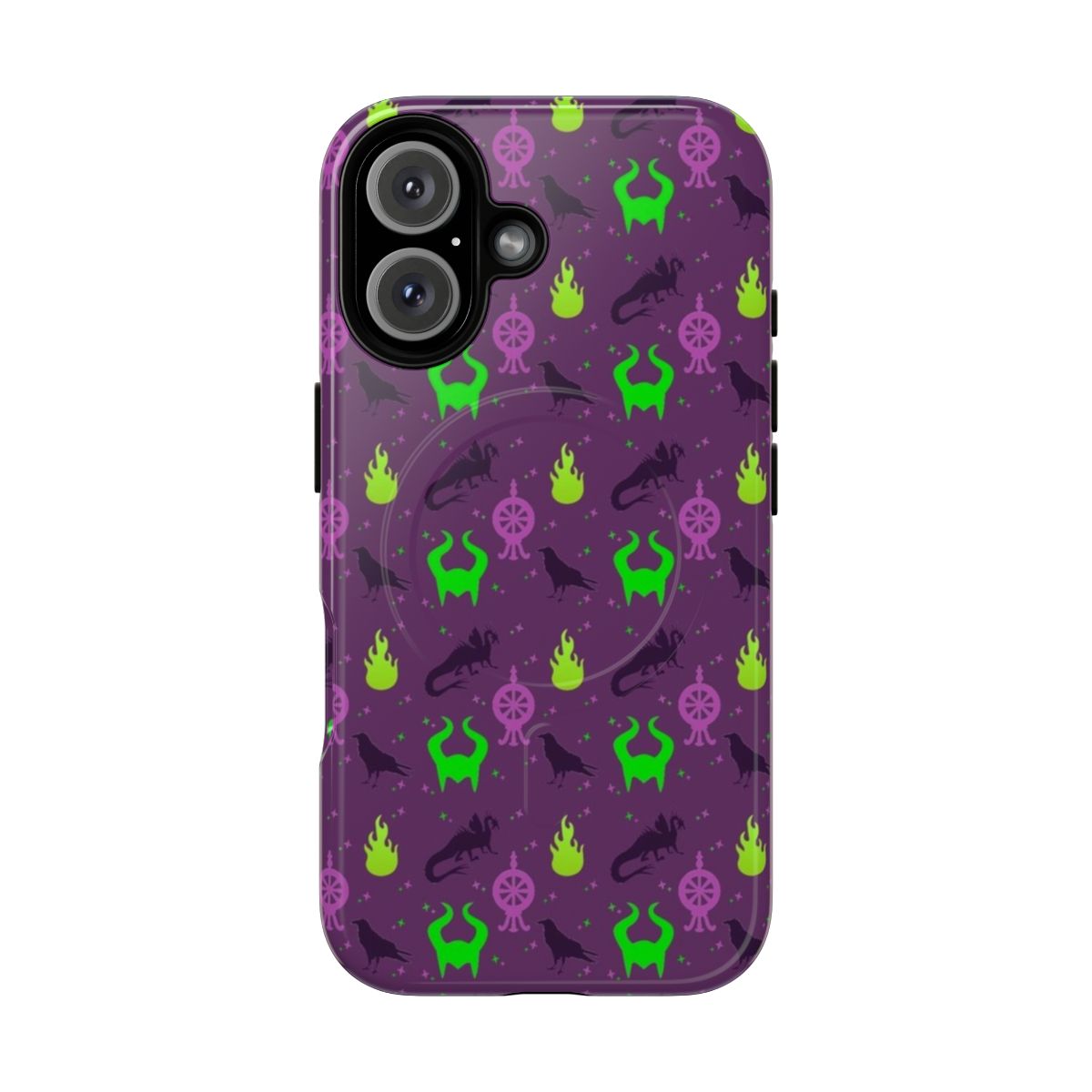 Maleficent-inspired phone case with a villainous pattern