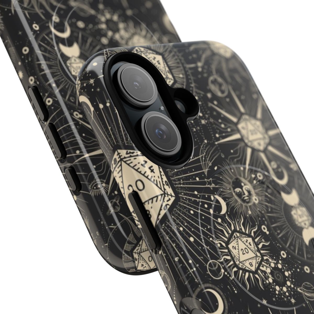 Cosmic and celestial-themed phone case with DnD d20 dice and star pattern design - Detail