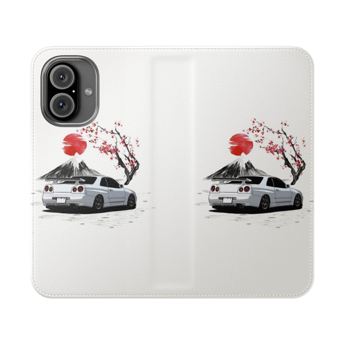 Skyline R34 GTR-inspired flip cover phone case featuring a cherry blossom design