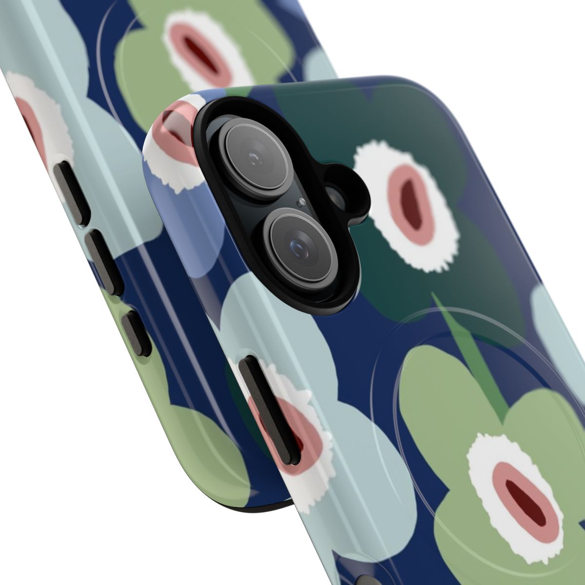 Vibrant blue and green floral pattern on a magnetic phone case - Detail