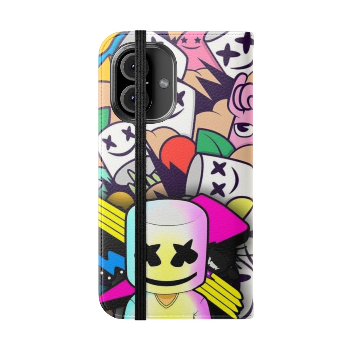 Marshmello-themed flip cover phone case in white with electronic music design - Folded Front