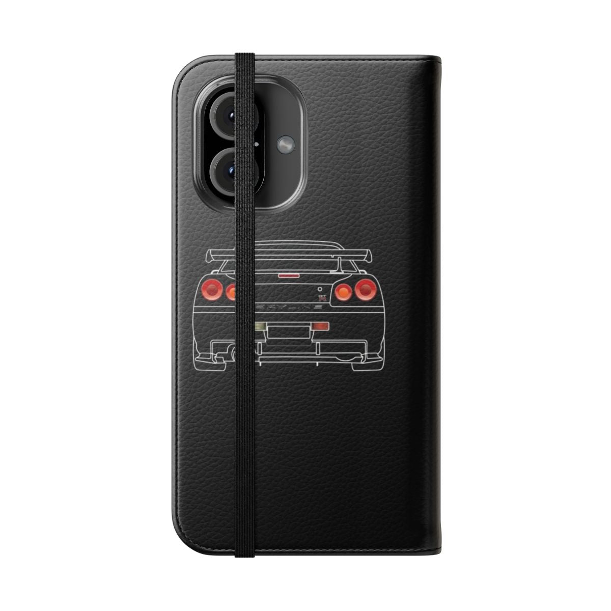 Stylish Nissan GTR R34 inspired phone case with a protective flip cover design. - Folded Front