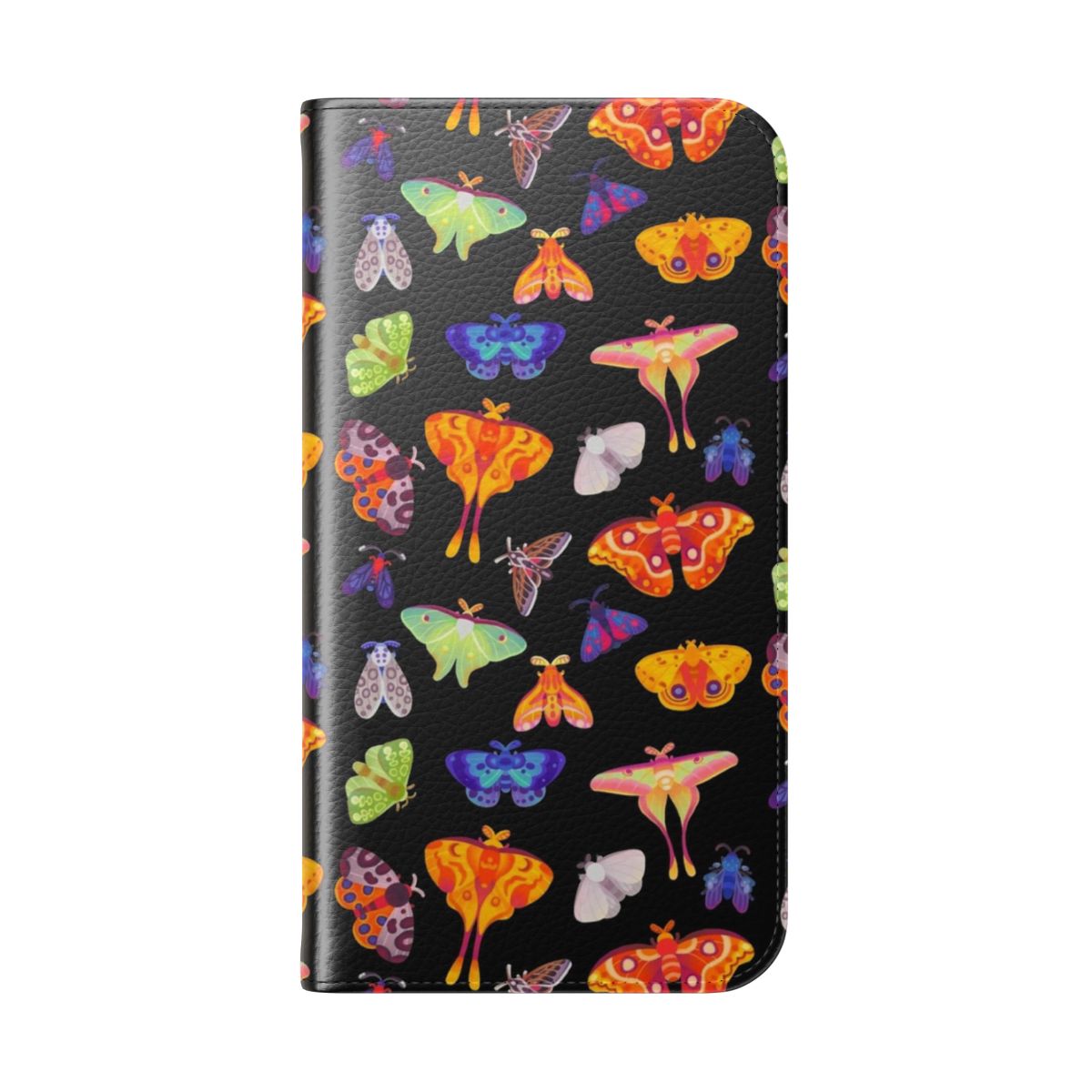 A flip cover phone case featuring a colorful, realistic moth design. - Folded Back