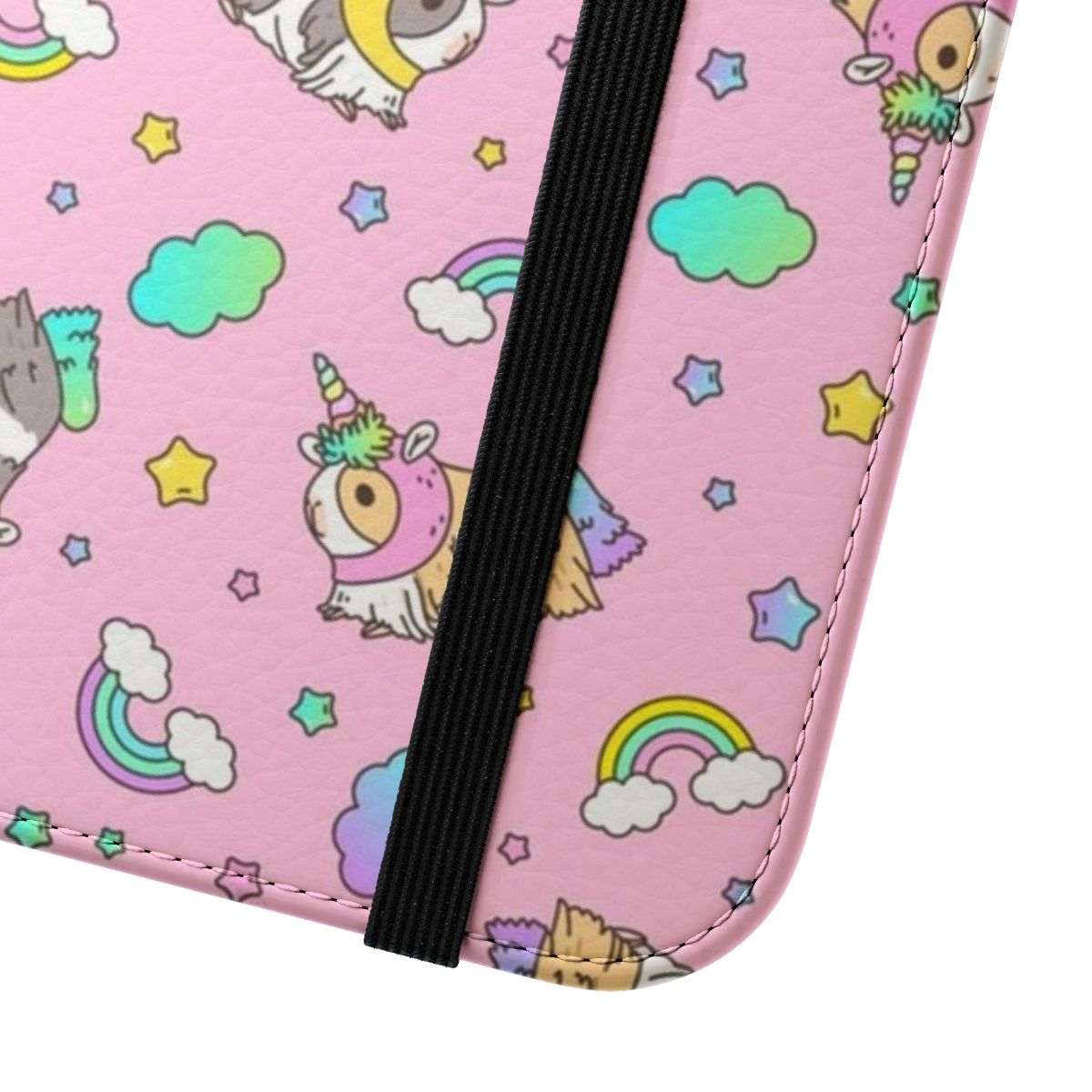 A pink flip phone case featuring a kawaii pink and rainbow guinea pig pattern design. - Close Up