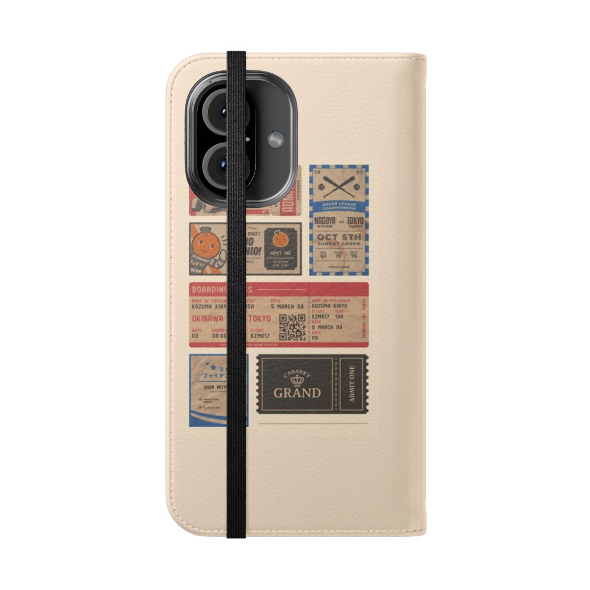 Vintage-style flip cover phone case featuring Yakuza/Ryu ga Gotoku character designs - Folded Front