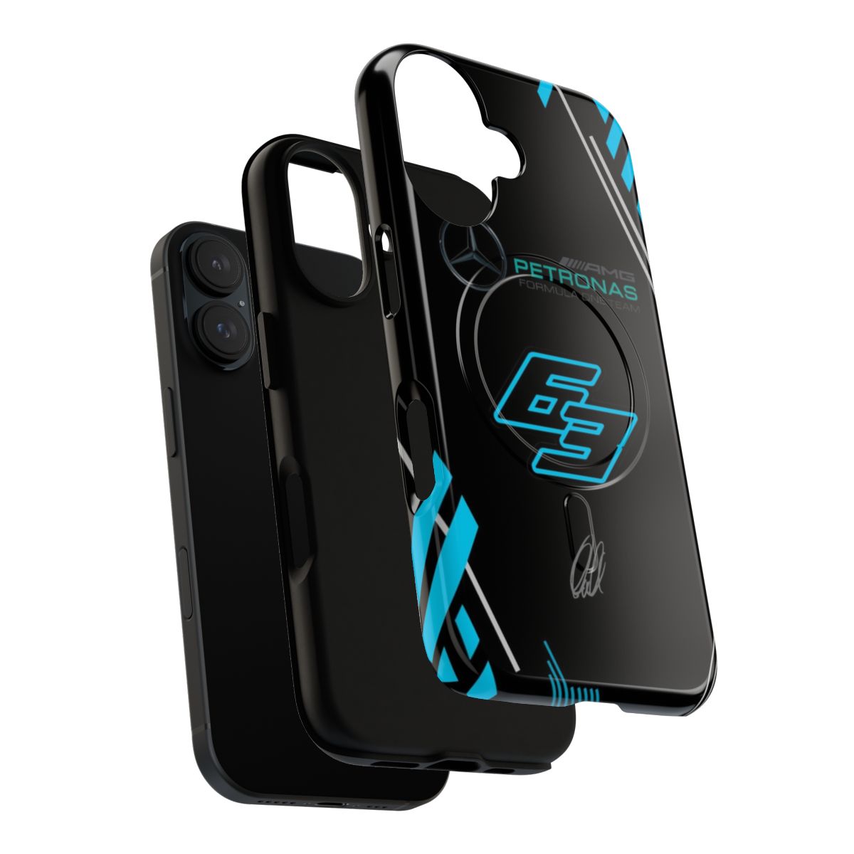 Black phone case with magnetic attachment featuring the Mercedes AMG Petronas Formula 1 team logo - Layers