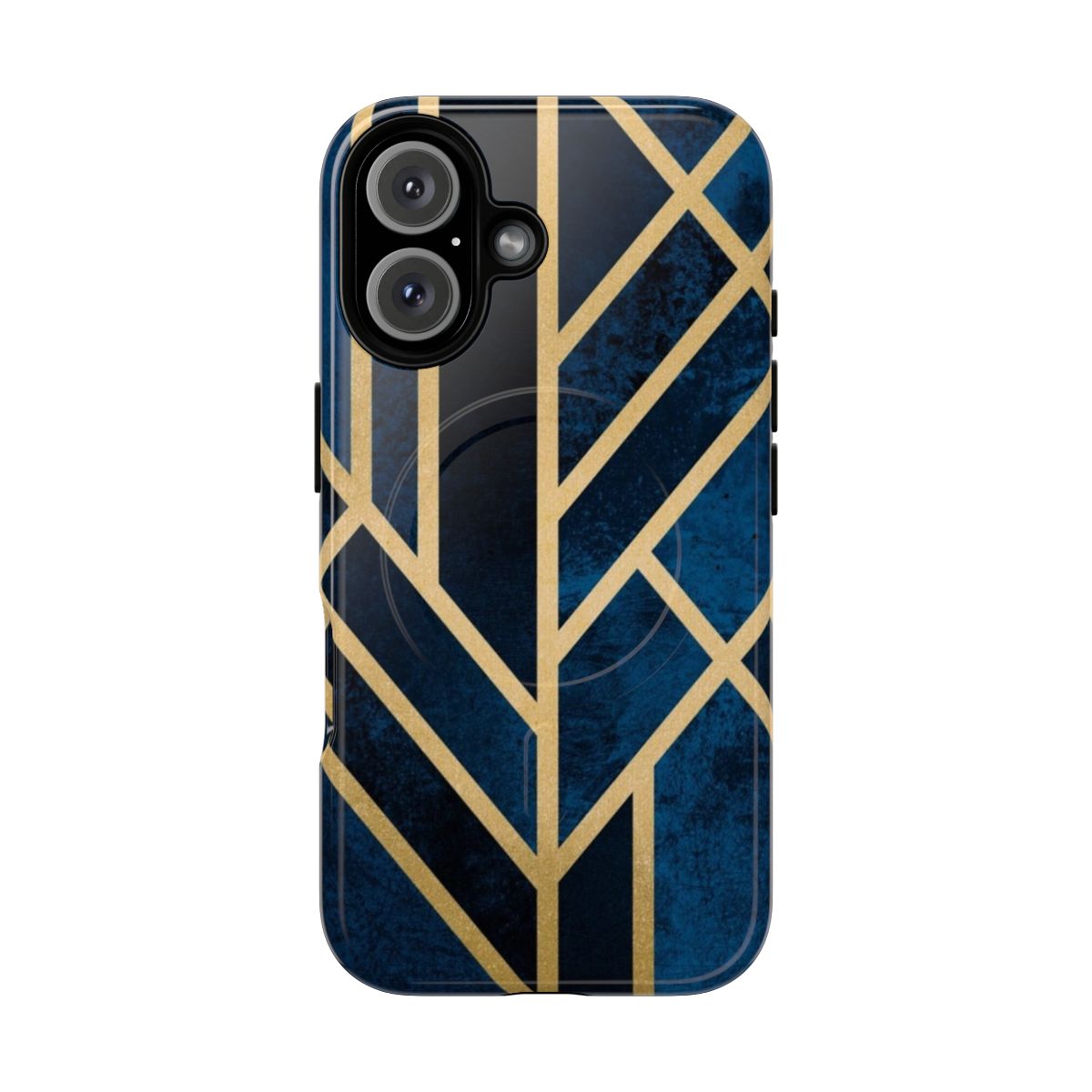 Midnight-themed art deco phone case with geometric patterns in gold and dark blue.