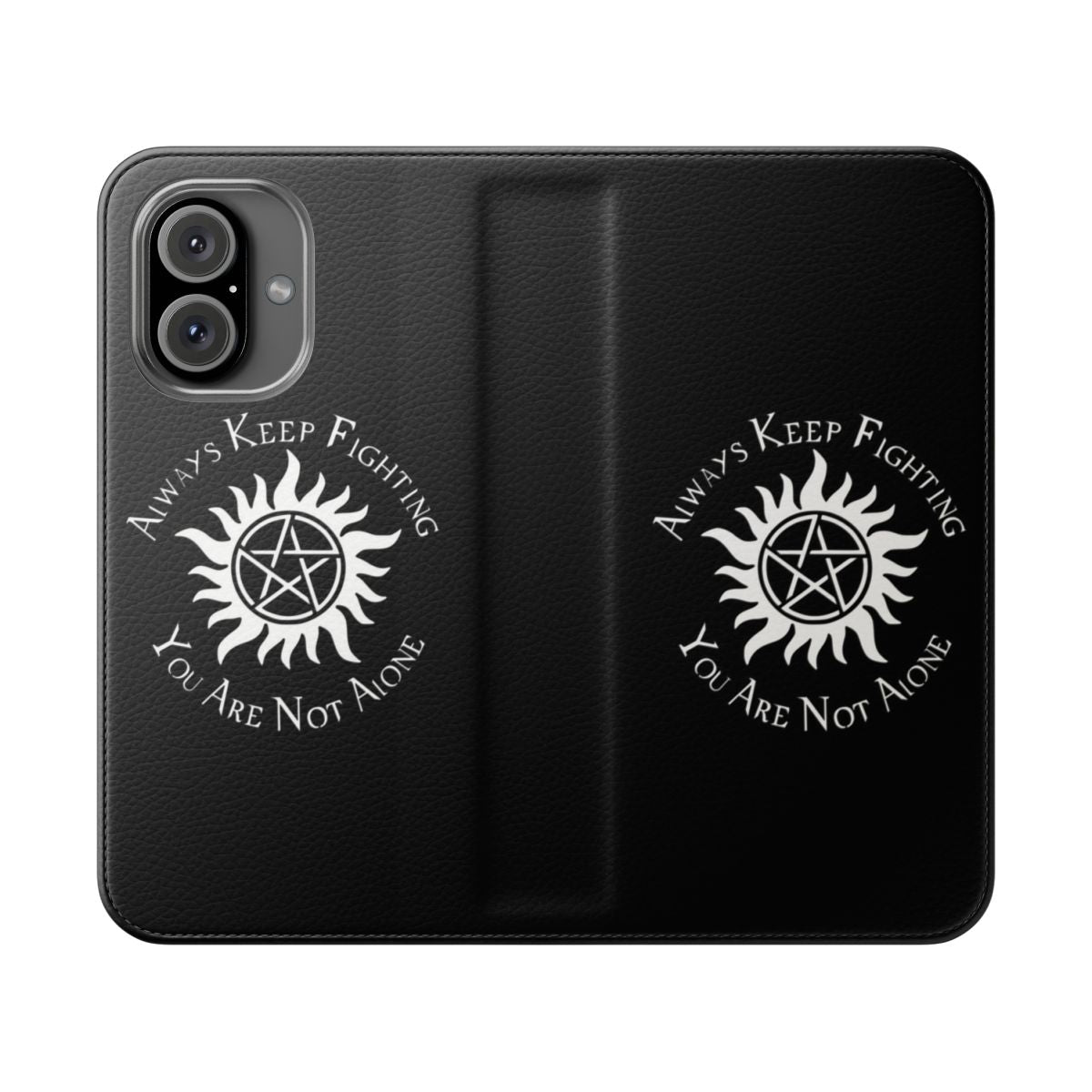 Supernatural-themed flip cover phone case with anti-possession symbol, Winchester brothers and other characters