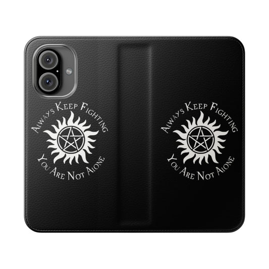 Supernatural-themed flip cover phone case with anti-possession symbol, Winchester brothers and other characters