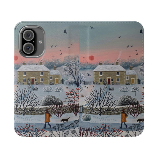 Flip cover phone case featuring a winter landscape with snow, dogs, and a cottage at sunset