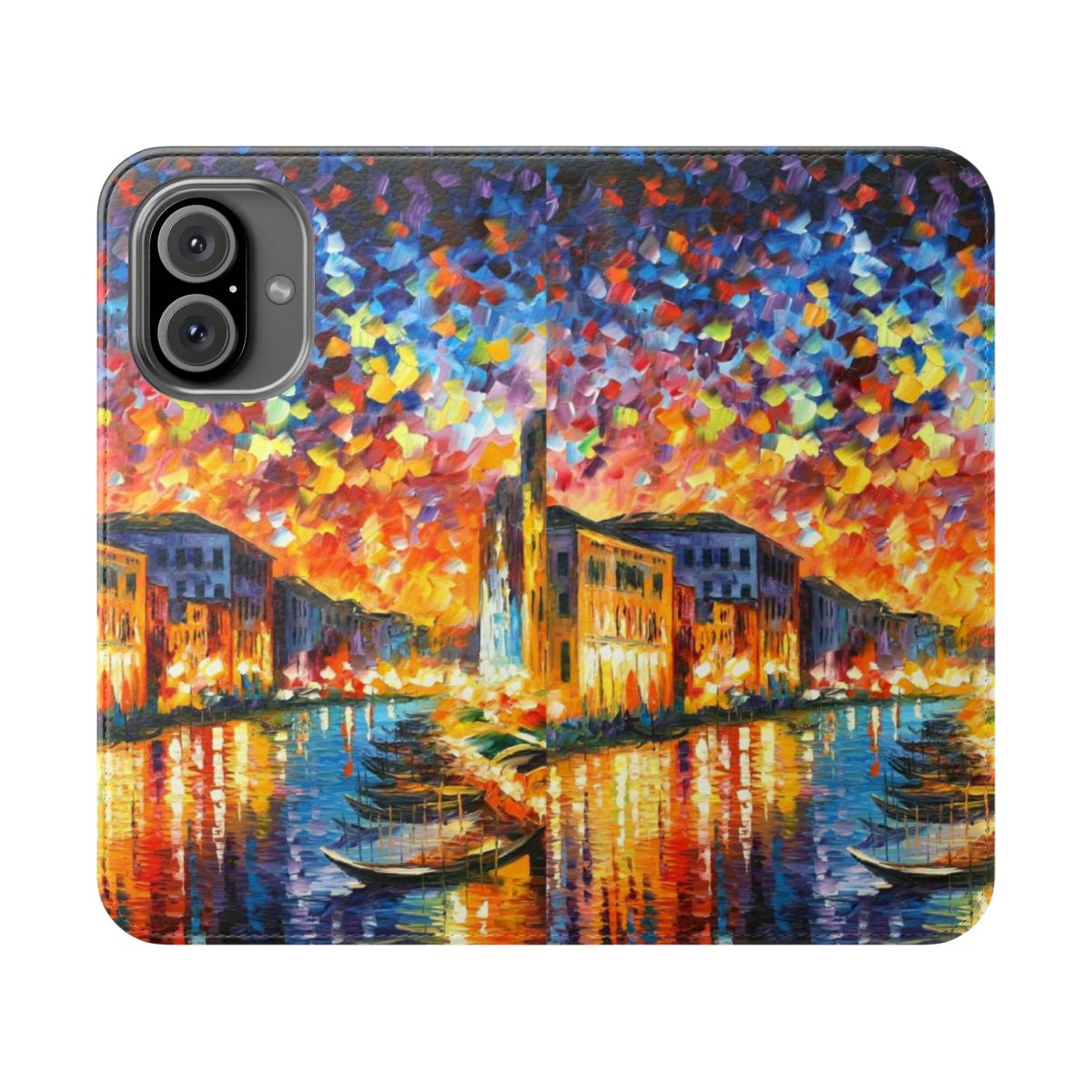 Colorful flip phone case featuring a Leonid Afremov-inspired cityscape of the iconic Venice canals