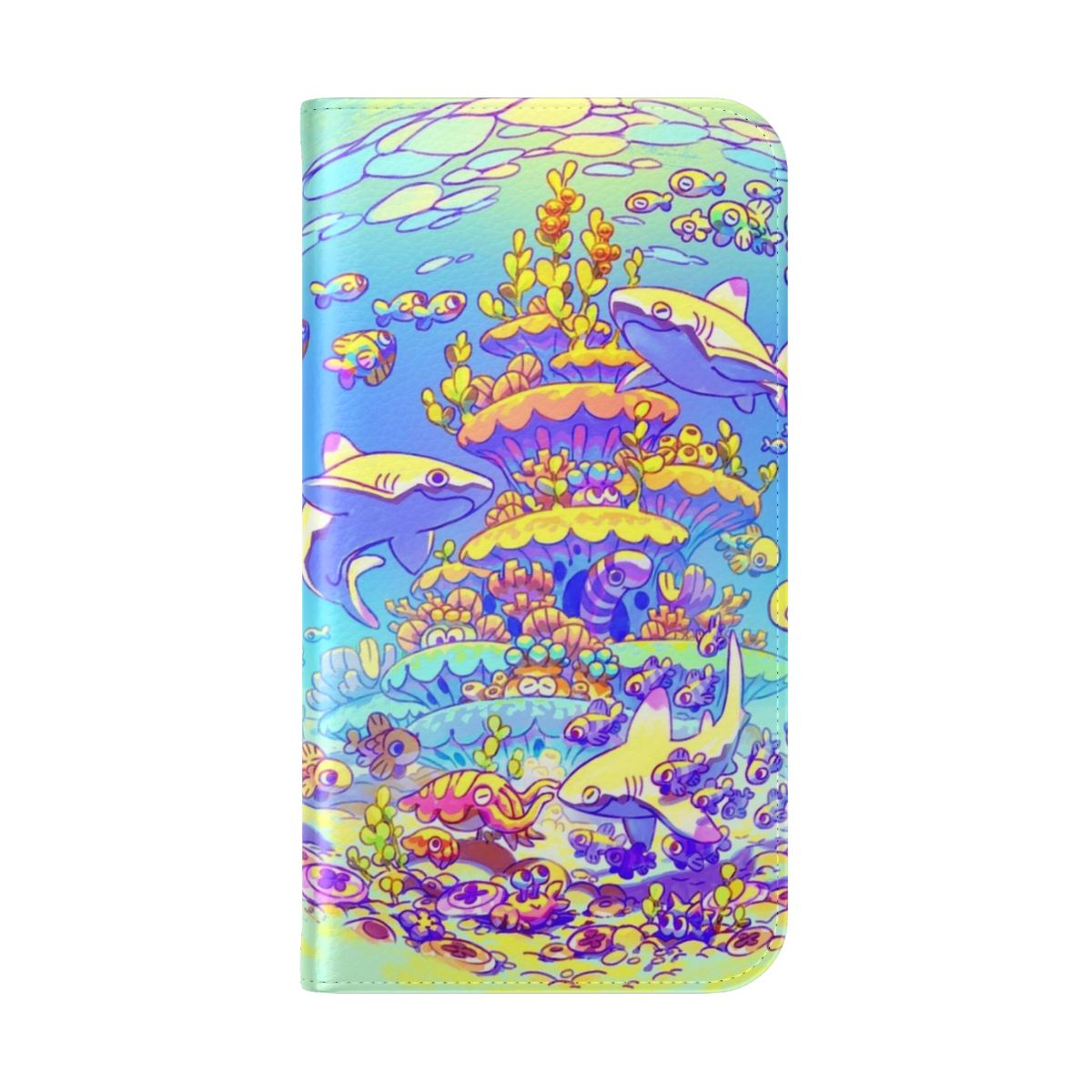 Vibrant and colorful flip cover phone case featuring a design with sharks and coral reef - Folded Back