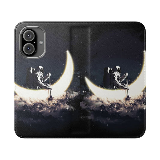 A sleek flip phone case featuring a surreal, abstract design with a sailing ship against a backdrop of the moon and stars.