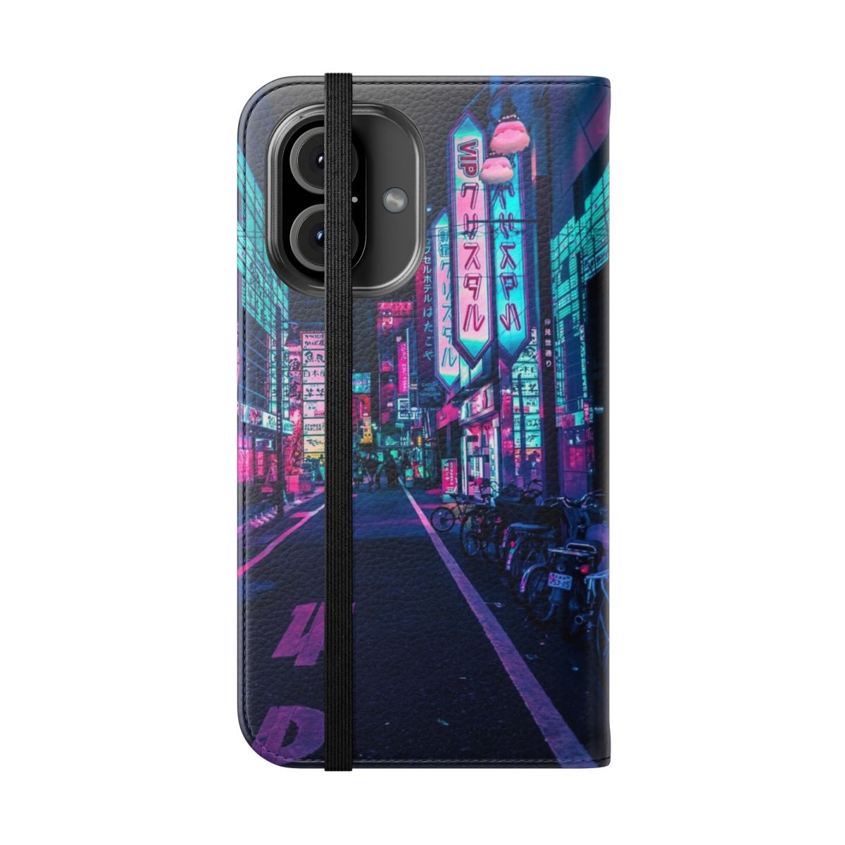 A vibrant flip cover phone case featuring a cyberpunk-inspired design with neon lights and street scenes from Tokyo, Japan. - Folded Front