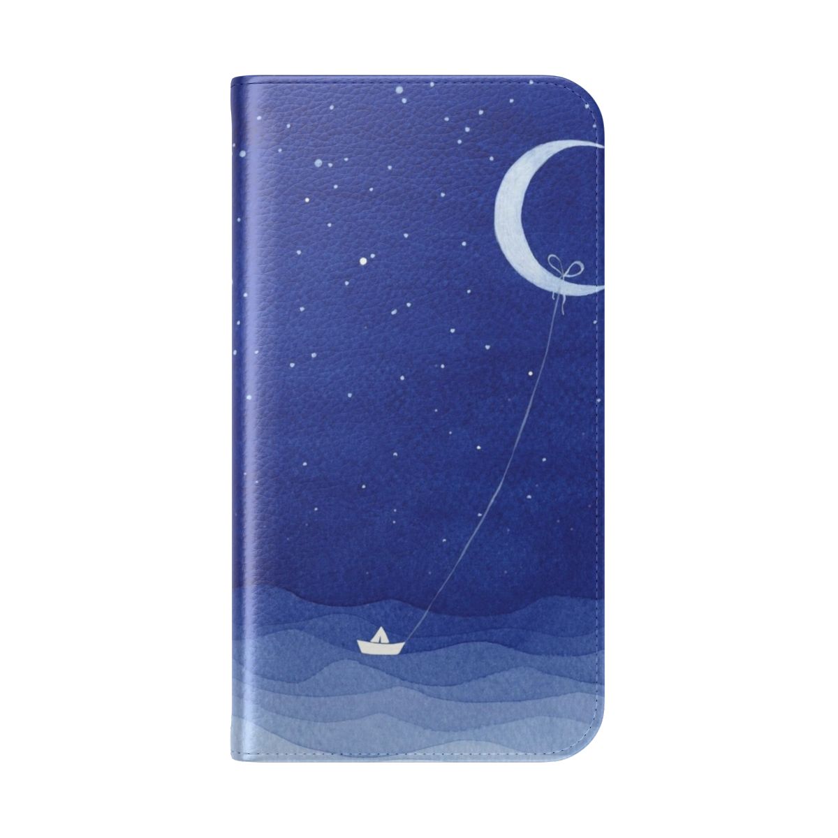 Flip cover phone case featuring a watercolor design of the moon, waves, and a sailboat on the ocean at night. - Folded Back