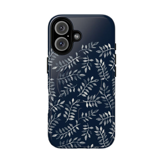 A hand painted navy and white botanical pattern phone case featuring leaves and nature-inspired elements.