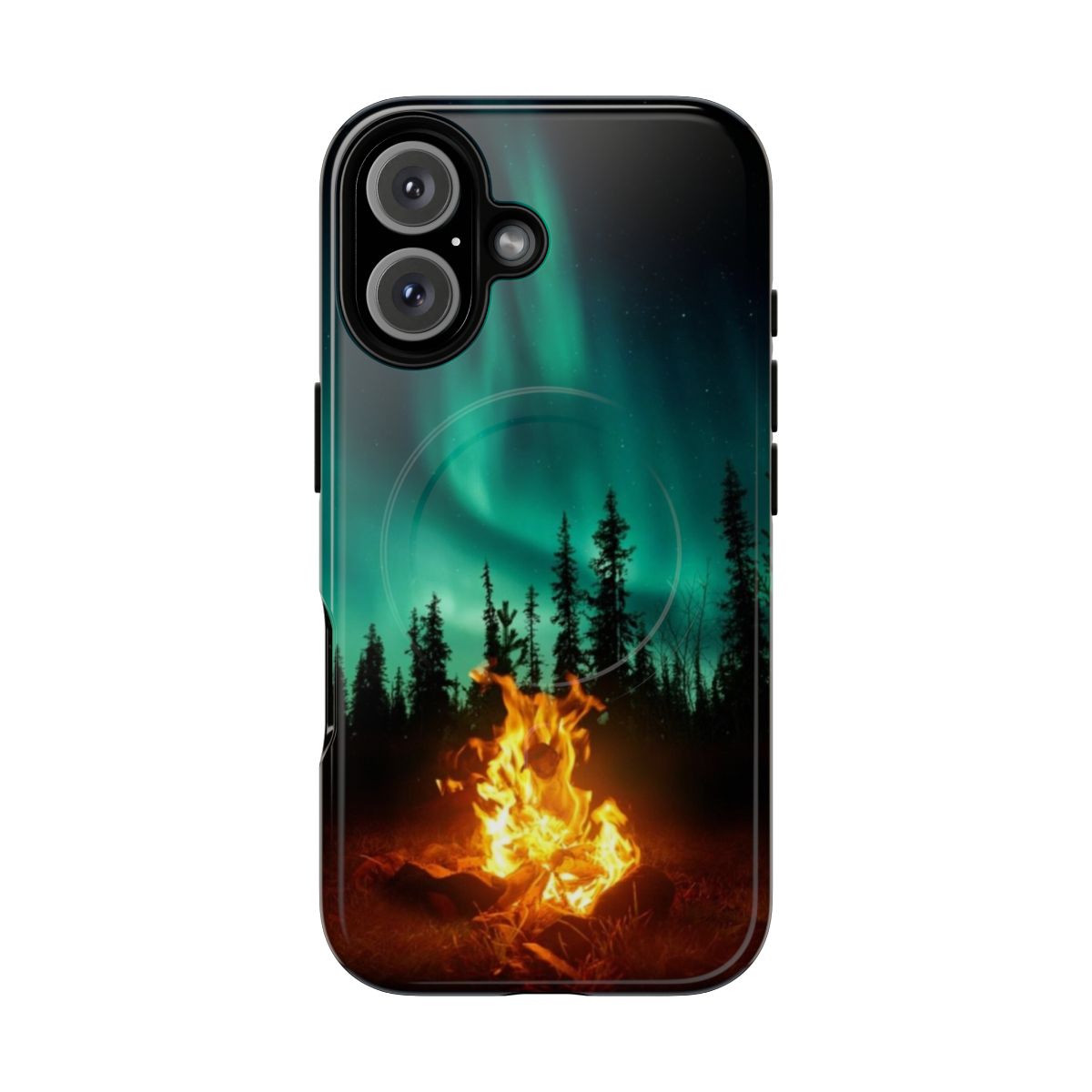 A phone case featuring a vibrant northern lights and campfire design, perfect for nature and travel enthusiasts.