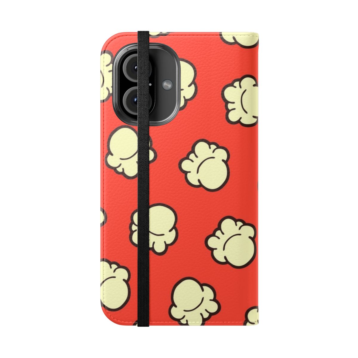 Illustrated popcorn pattern phone case in red, yellow, cream, and brown colors. - Folded Front