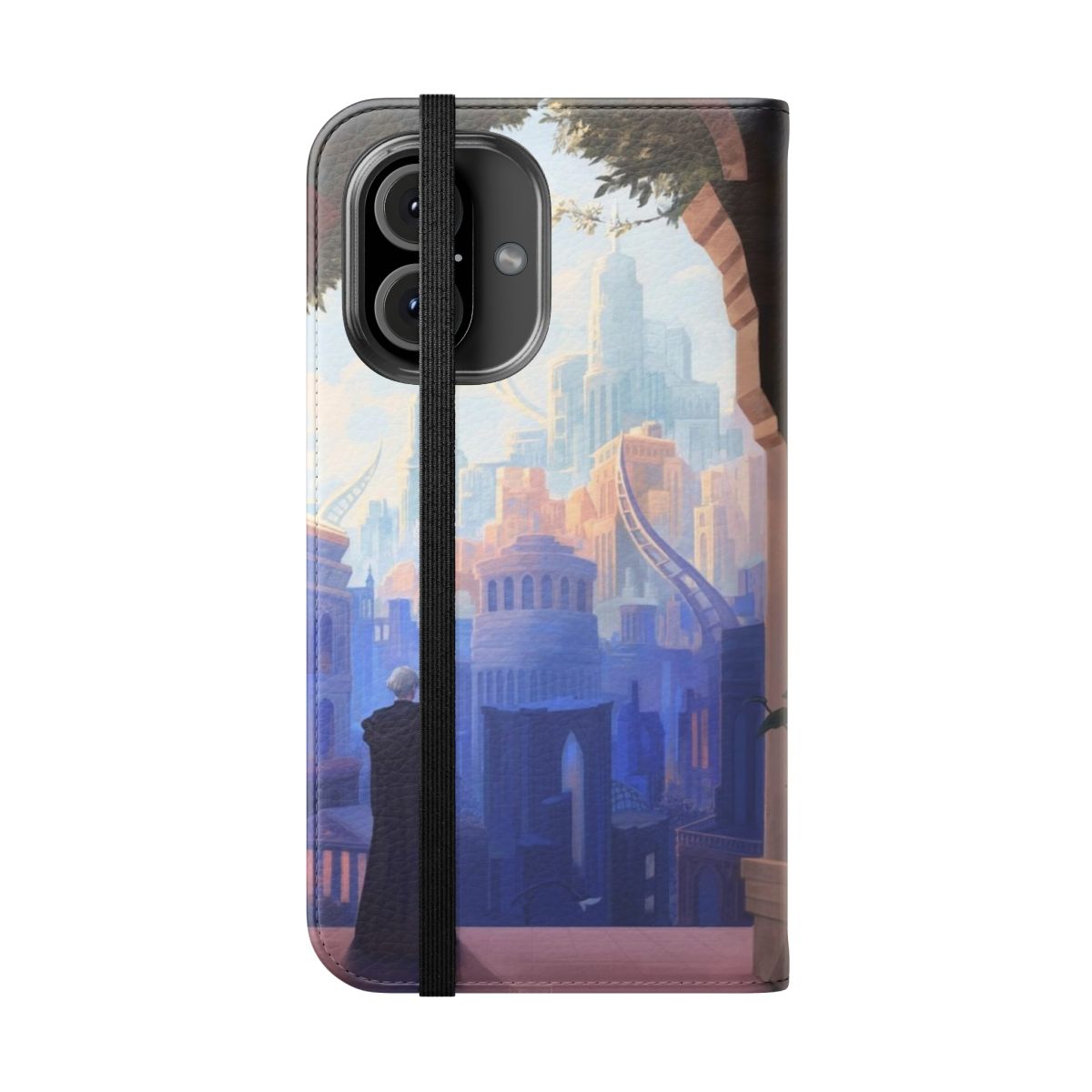 Detailed phone case design featuring a fantasy cityscape with architectural elements and characters - Folded Front